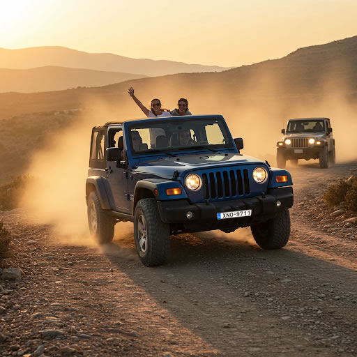 Two Jeep Wranglers driving off-road on a dusty track in Crete